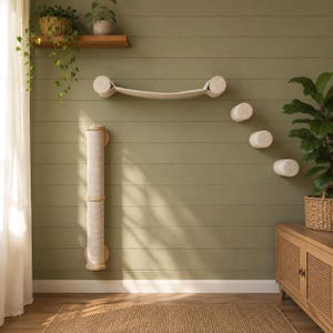 May include: A wall-mounted cat furniture set featuring a long vertical scratching post wrapped in light beige sisal rope, a horizontal fabric hammock suspended between two cylindrical mounts, and three small circular wall steps in light beige.