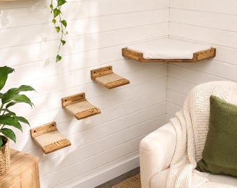 Wall Mounted Corner Cat Bed with 3 Steps, Handmade Fully Assembled Pine Modern Scandinavian Cat Wall Furniture