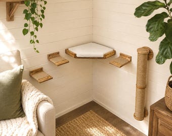 Wandmontiertes Katzenmöbelset mit Eckbett, 3 Stufen und Kratzbaum