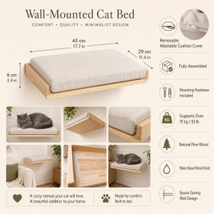 May include: A wall-mounted cat bed made of natural pine wood with a light-colored cushion. The bed measures 17.7 inches long, 11.4 inches wide, and 2.4 inches high. It features a removable, washable cushion cover and supports over 33 pounds.