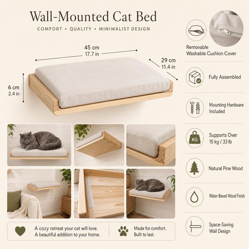 May include: A wall-mounted cat bed made of natural pine wood with a light-colored cushion. The bed measures 17.7 inches long, 11.4 inches wide, and 2.4 inches high. It features a removable, washable cushion cover and supports over 33 pounds.