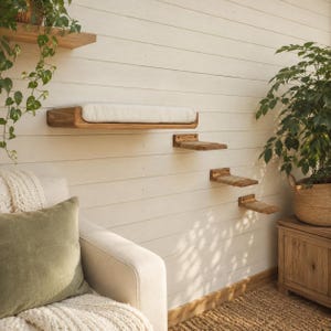 Wall Mounted Cat Bed with 3 Wooden Steps, Fully Assembled Wooden Cat Wall Furniture Set, Handmade Cat Climbing Shelves for Modern Cat Room