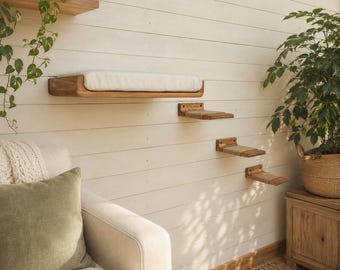 An der Wand befestigtes Katzenbett mit 3 Holzstufen, komplett montiertes Katzenwandmöbelset aus Holz, handgefertigte Katzenkletterregale für moderne Katzenzimmer