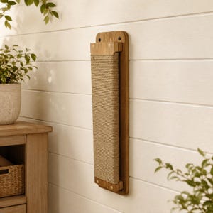 Op de afbeelding: Een aan de muur gemonteerde krabpaal voor katten met een rechthoekige houten basis in een natuurlijke afwerking en een centraal verticaal paneel omwikkeld met dik, getextureerd beige sisaltouw, bevestigd met zichtbare metalen hardware.