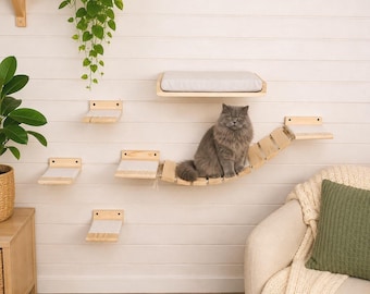 Kattenmeubelset voor aan de muur, wandgemonteerd kattenbed met 3 treden en brug, klimplanken van natuurlijk hout