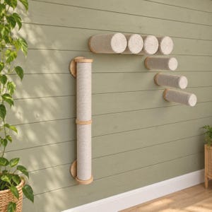 May include: A wall-mounted cat climbing system featuring a long vertical scratching post and five horizontal cylindrical platforms. Each component is covered in light beige sisal rope and finished with circular light wood end caps.