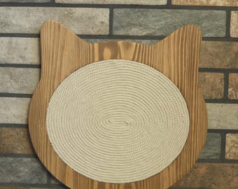 Cat Head Wall Cat Scratcher – Handmade Wood & Rope Cat Scratching Pad, Wall Mounted Cat Furniture