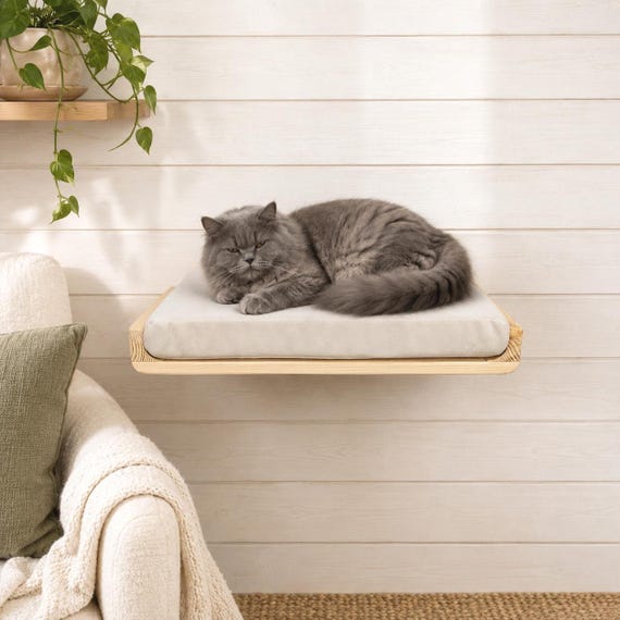 Wall Mounted Cat Bed with Removable Washable Cushion, Natural Wood Cat Wall Shelf, Floating Perch, Modern Pet Furniture