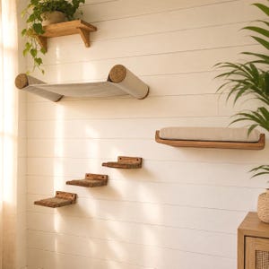 May include: A wall-mounted cat furniture set featuring a wooden shelf with a potted plant, a fabric hammock suspended between two sisal-wrapped posts, a rectangular wooden shelf with a beige cushion, and three small wooden steps with sisal pads.
