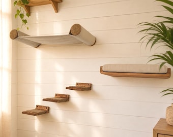 Wall Mounted Cat Bed & Hammock Set, Cat Wall Shelves with 3 Steps, Modern Handmade Cat Furniture
