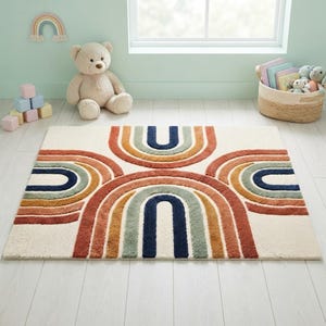 Boho Rainbow Tufted Wool Rug | Earthy Tones Kids Playroom Carpet