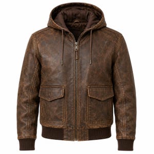 Men's Distressed Brown Leather Bomber Jacket with Hood – Vintage Style Streetwear