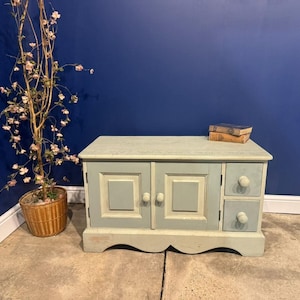 May include: A light sage green wooden storage cabinet featuring two cabinet doors with square recessed panels and two stacked drawers on the right side, each fitted with round knobs. Two small books rest on the flat top surface of the unit.