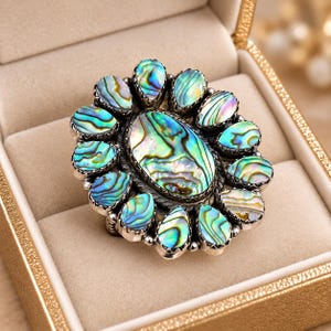 Abalone Shell Ring, Paua Shell Statement Ring, Iridescent Turquoise Ring, Colorful Boho Jewelry, Ocean Inspired Gift