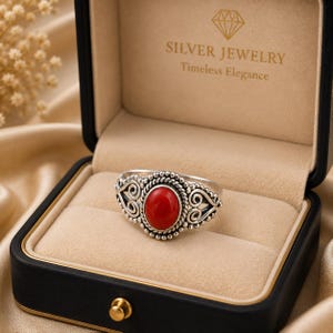 Vintage oval röd korall sterlingsilver filigranring boho statement