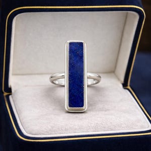 Natural Lapis Lazuli Bar Ring, Sterling Silver Rectangle Statement Jewelry