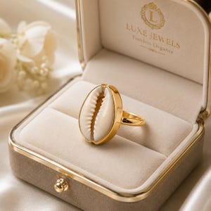 May include: A gold ring featuring a white cowrie shell centrepiece, presented inside a beige velvet jewellery box with the text LUXE JEWELS Timeless Elegance printed in gold on the interior lid, set against a soft satin fabric background.