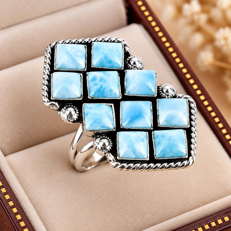 Blå Larimar Statement-ring, fyrkantig ädelsten, silverfärgade bohemiska smycken bild 2