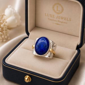 Handgjord Lapis Lazuli-ring, hamrade silverfärgade tvåfärgade statement-smycken