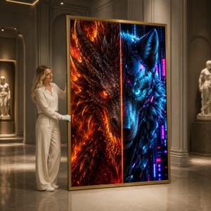 May include: A large rectangular framed wall art piece featuring a split-face design. The left side displays a fiery orange and red dragon with glowing eyes, while the right side shows a cool blue and purple cybernetic wolf with glowing eyes.