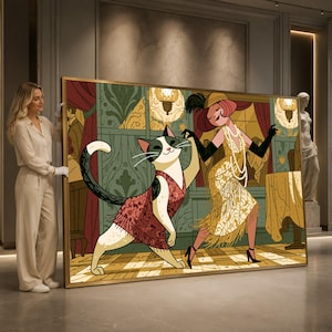 Vintage Jazz Age Dance Scene Canvas, Woman and Cat Flapper Style Art, 1920s Party Wall Decor, Retro Home Decoration Canvas