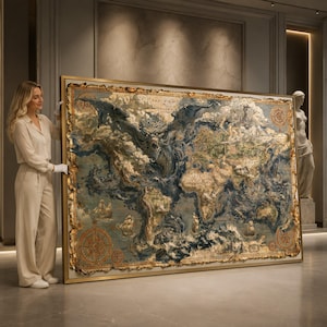 Könnte beinhalten: Ein großes rechteckiges gerahmtes Wandbild, das eine detaillierte Weltkarte mit einer markanten dunkelblauen Drachenillustration zeigt, die in die Geografie integriert ist, umgeben von Kompassrosen und Segelschiffen in gedeckten Erdtönen.
