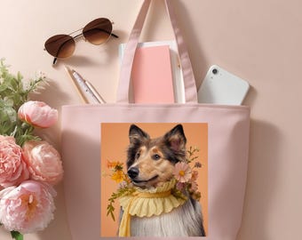 Dog Floral Illustration Zippered Tote Bag – Heavy Cotton Canvas Shoulder Bag