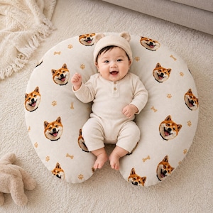 Funda de almohada de lactancia Shiba Inu / Funda de almohada Boppy con estampado de perro Shiba Inu, caras y huellas de patas, regalo para baby shower, decoración para la habitación del bebé.