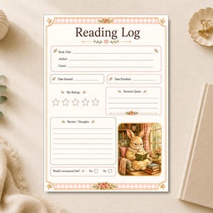 May include: A rectangular reading log sheet featuring a pink gingham border with floral accents. The page includes fields for book title, author, genre, dates, rating stars, favorite quote, and a review section, plus an illustration of a rabbit.
