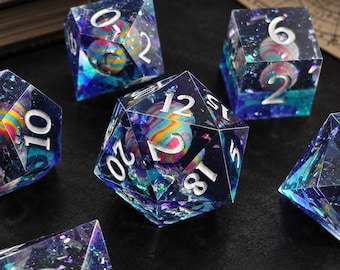 Liquid Core Planet Resin DND Dice Set, TTRPG Wizard Warlock Campaign, 7Pcs Sharp Edge Polyhedral RPG Dice, Gift for Dungeon Master & Gamers