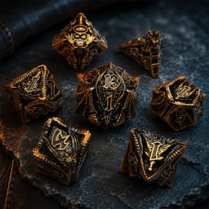 Seven-piece black and antique bronze dragon-themed metal DND dice set with raised numbers and sculpted fantasy details. The polyhedral dice are arranged around a centered D20 on a dark stone surface.