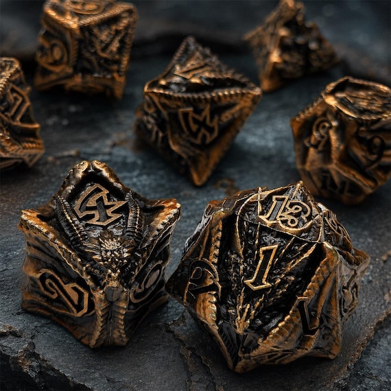 3D Carved Dragon Skull Zinc Alloy Metal DND Dice Set, TTRPG Paladin Fighter Campaign, Vintage Dragon Head RPG Dice, Gift for Dungeon Master