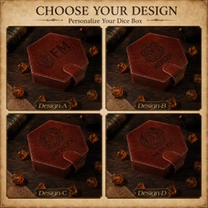 May include: A grid of four hexagonal brown leather dice boxes, each featuring a unique laser-engraved design and a snap closure. The boxes are labeled Design-A, Design-B, Design-C, and Design-D, with scattered polyhedral dice surrounding them.