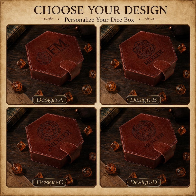 May include: A grid of four hexagonal brown leather dice boxes, each featuring a unique laser-engraved design and a snap closure. The boxes are labeled Design-A, Design-B, Design-C, and Design-D, with scattered polyhedral dice surrounding them.