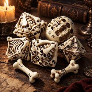 May include: A set of polyhedral dice and two bone-shaped game pieces made of off-white material with a weathered, aged finish. The dice feature intricate sculpted details including human skulls and rib cage patterns with black engraved numbers.
