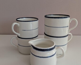 Rörstrand Fjord Mugs and Creamer Set, Scandinavian Blue Striped Porcelain (5-Piece)
