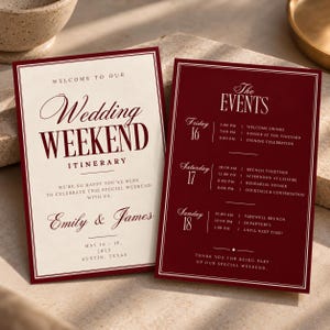 May include: Two rectangular wedding weekend itinerary cards with a deep red and cream color scheme. The left card reads Welcome to our Wedding Weekend Itinerary, Emily & James, May 16-18, 2025, Austin, Texas. The right card lists The Events.