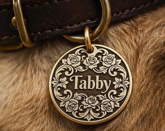 Personalized Solid Brass Rose Floral Engraved Pet ID Tag
