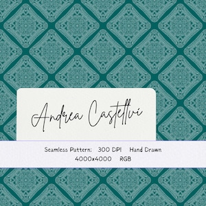 Puede incluir: Un patrón sin costuras con fondo verde azulado y motivos geométricos en forma de diamante, dibujados a mano en blanco. Un rectángulo blanco muestra el texto Andrea Castelli, Seamless Pattern, 300 DPI, Hand Drawn, 4000x4000 y RGB.