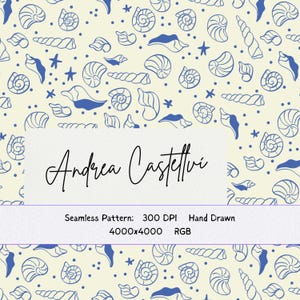 Puede incluir: Un patrón sin costuras con conchas marinas azules dibujadas a mano y pequeños puntos sobre un fondo crema. El texto Andrea Castellvi está centrado en un recuadro blanco, con el texto Seamless Pattern: 300 DPI Hand Drawn 4000x4000 RGB.