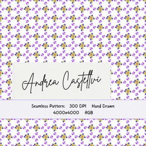 Puede incluir: Un patrón digital sin costuras con pequeños grupos de flores amarillas, moradas y azul claro sobre un fondo blanco. Un recuadro rectangular blanco muestra el texto cursivo negro Andrea Castellvi y el texto Seamless Pattern: 300 DPI Hand Drawn 4000x4000 RGB.