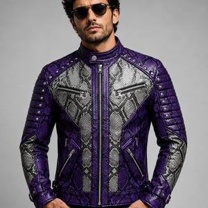Men's Purple Snakeskin Embossing Leather Biker Jacket Moto Racer Stand Collar Motorcycle Zip Designer Outerwear Fashion