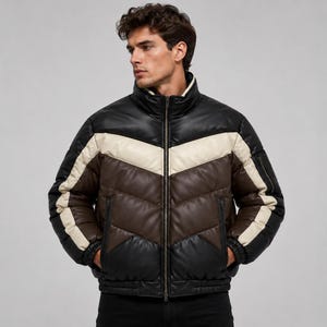 Mens Leather Puffer Jacket Brown Black Winter Bubble Quilted Bomber Streetwear Lightweight Insulated Outerwear Zip Coat