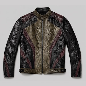 Mens Python Leather Racer Jacket Snakeskin Textured Cafe Motorcycle Moto Handmade Luxury Outerwear Olive Burgundy