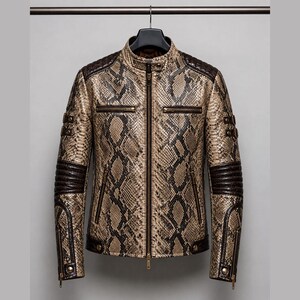 Men's Snakeskin Texture Leather Biker Jacket Python Pattern Moto Racer Stand Collar Zip Motorcycle Luxury Fashion Outerwear Coat