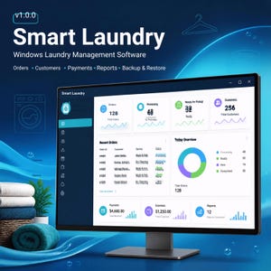 May include: A computer monitor displaying the Smart Laundry Windows management software interface. The dashboard features a white background with blue, green, and purple data charts, order lists, and financial summaries for orders, customers, and payments.