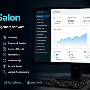Könnte beinhalten: Ein Computermonitor zeigt das Dashboard der Smart Salon Software mit einer dunkelblauen Benutzeroberfläche, weißem Text, einem Verkaufstrend-Diagramm und verschiedenen Verwaltungssymbolen. Der Bildschirm zeigt Verkaufs- und Bestandsdaten.