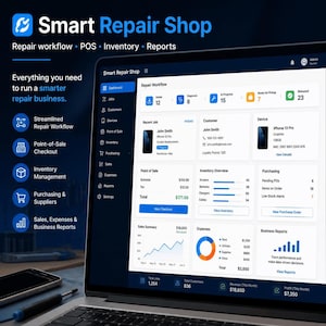 Può includere: Uno schermo di computer portatile che mostra l'interfaccia del software Smart Repair Shop, con una dashboard per flussi di lavoro, punto vendita, inventario e report. L'interfaccia include grafici di dati e informazioni sui clienti.