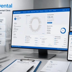 May include: A SmartDental software interface displayed on a computer monitor, tablet, and smartphone. The screen shows a dental clinic management system with patient charts, appointment scheduling, billing, and treatment plans in a blue and white theme.
