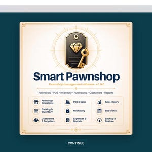Può includere: Un'interfaccia software intitolata Smart Pawnshop con un pannello centrale color crema che presenta un'icona a forma di etichetta con diamante nero e una chiave dorata. Il menu elenca Pawnshop Operations, POS & Sales, Sales History, Catalog & Inventory, Purchasing, End of Day, Customers & Suppliers, Expenses & Reports e Backup & Restore.